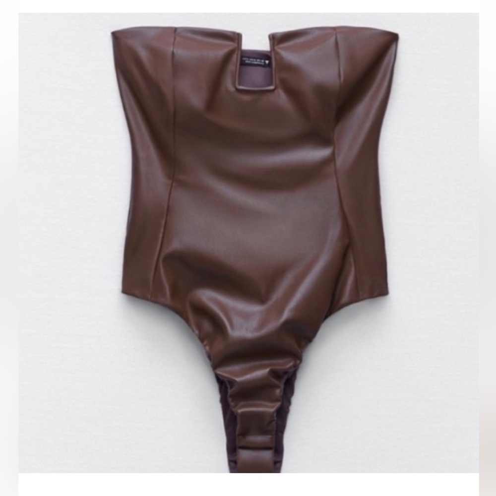 ZARA Chocolate Brown Faux Leather Strapless Top